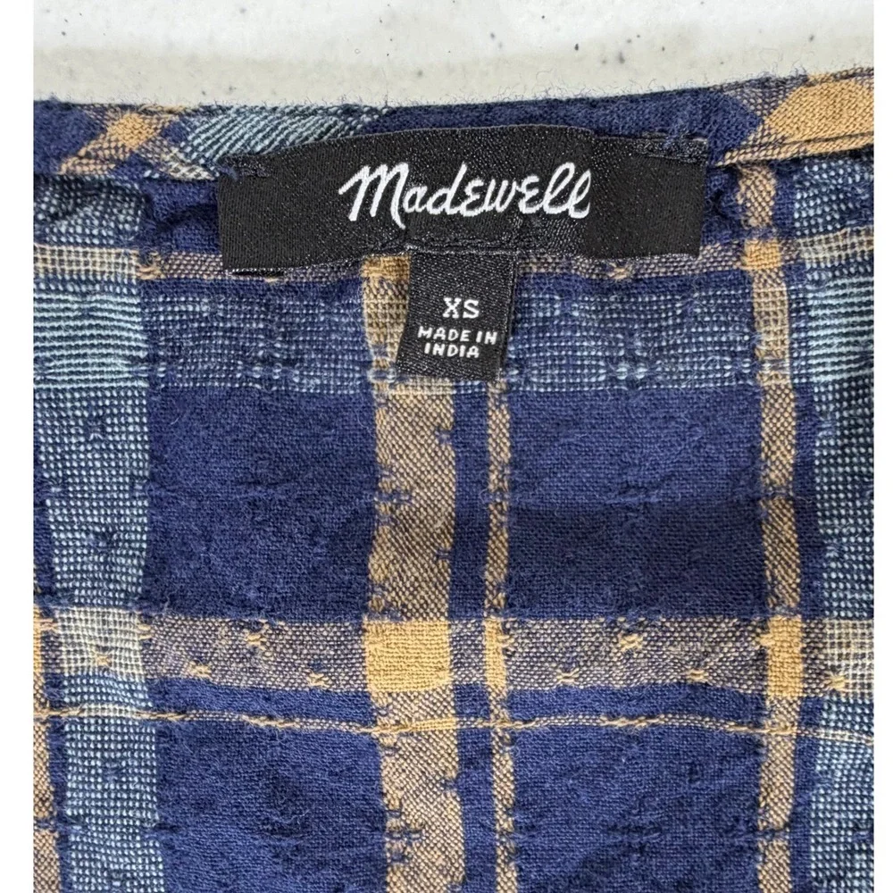 Madewell Sweetheart Wrap Top XS Blue Plaid Puff Sleeve‎ Cotton Dobby Textured